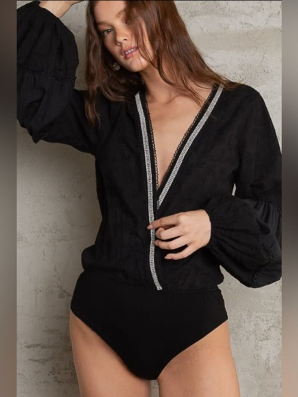 POL Black Blouse/Bodysuit with‎ Silver Accents